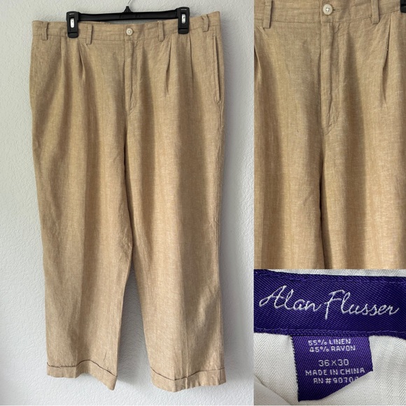 Alan Flusser Tan Beige Linen Rayon‎ blend Men's Pants Size 36 x 30 - Picture 1 of 10
